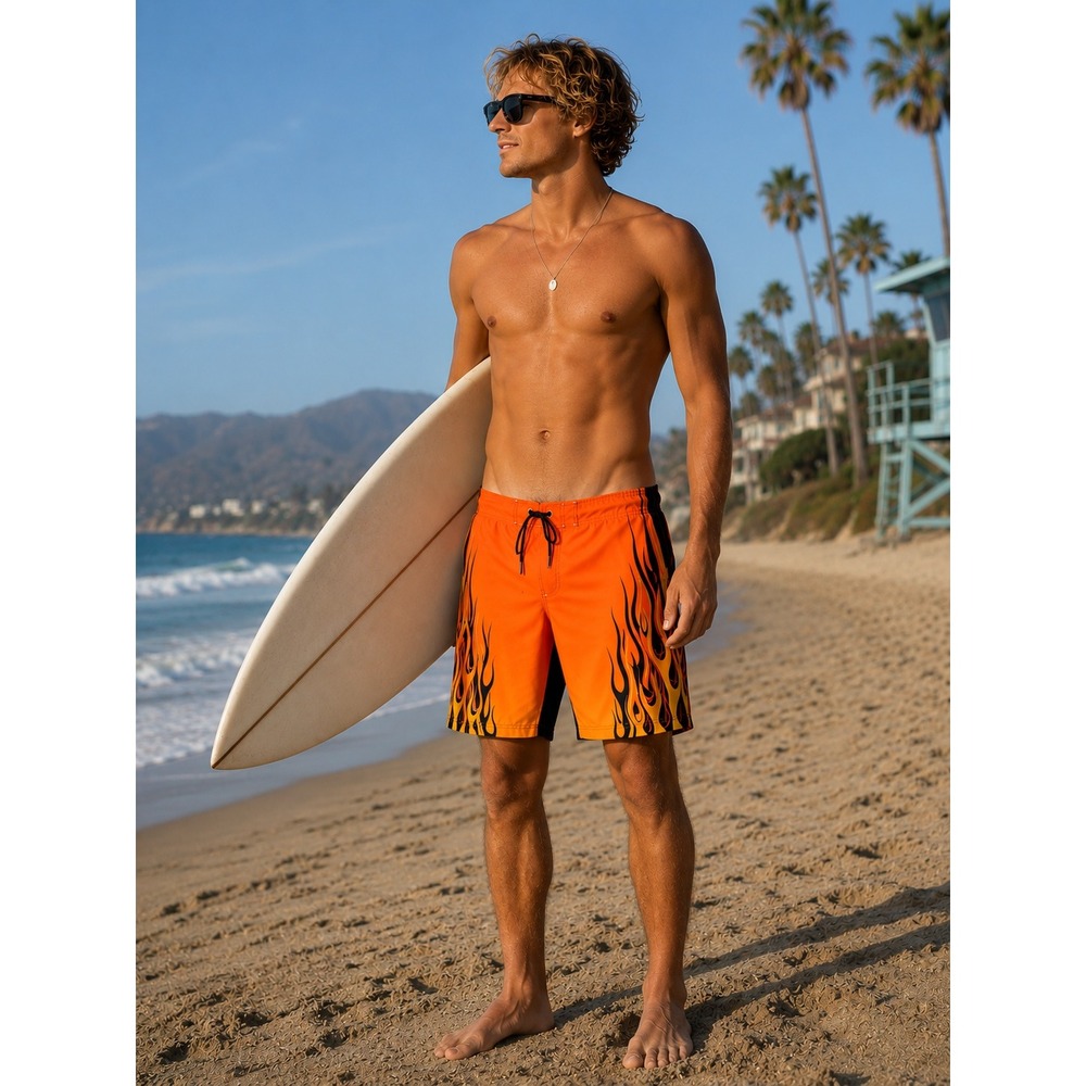 No Boundaries Orange Flame Print Board Shorts Size 38 Y2K Surf Skater Streetwear